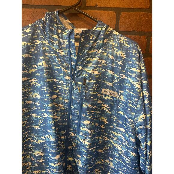 COLUMBIA BLUE WINDBREAKER MENS Large PFG ZIP UP JACKET PRINTED PATTERN GEOMETRIC - Picture 3 of 16